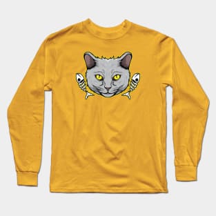 Cat Head With Skeleton Fish Long Sleeve T-Shirt